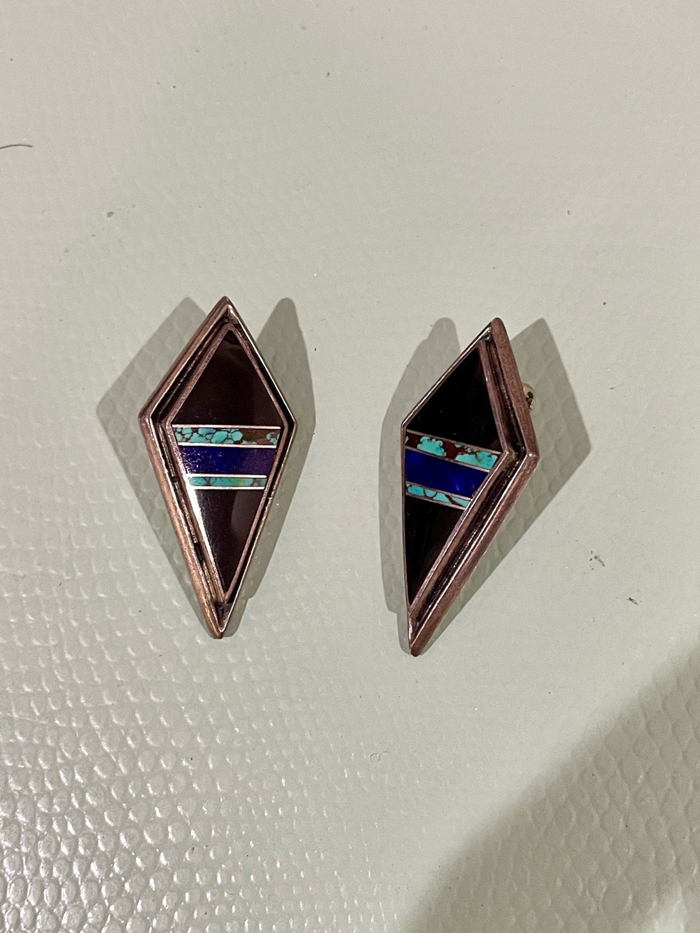 Vintage Sterling Silver Geometric Inlay Teardrop Diamond Clip on Stud Earrings